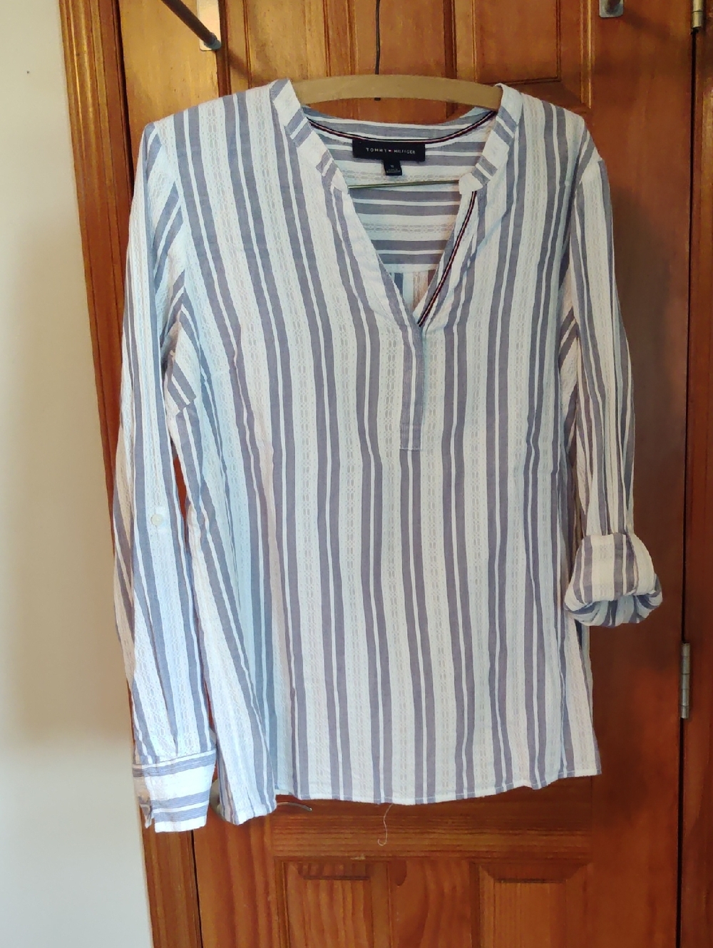 Tommy Hilfiger Blue and White Striped Split-Neck Blouse size medium